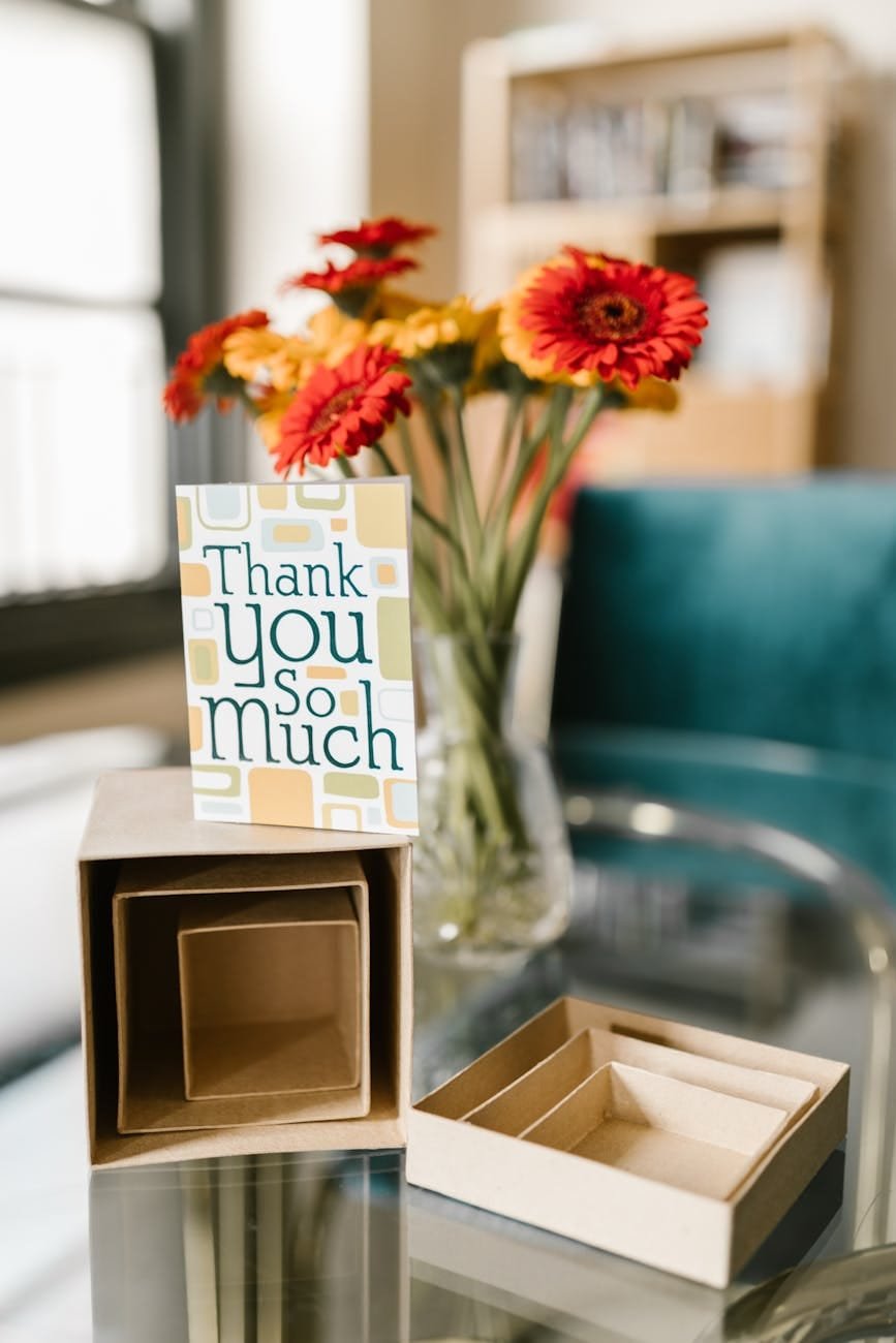 About 1 brown boxes and an About page- thank you greeting card